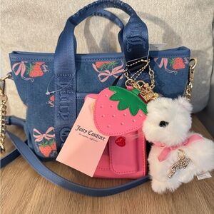 Juicy Couture Denim Tote with Strawberry festival mini bag and Plush Charm